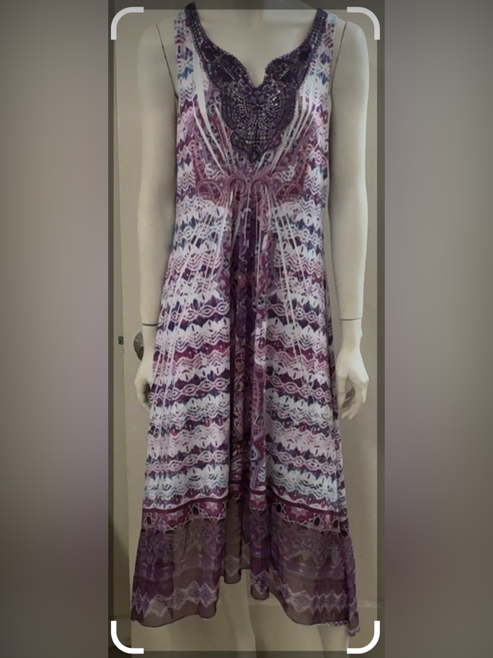 One World sleeveless Purple Midi dress embellished crochet handkerchief hem Sz M - Picture 14 of 14